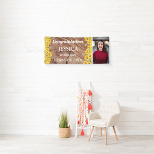 Rustic Sunflowers & Wood Texture Graduation Banner
