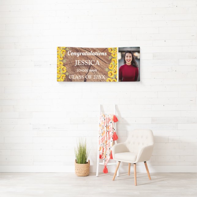 Rustic Sunflowers & Wood Texture Graduation Banner (Insitu)