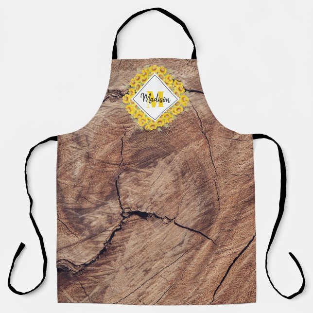 Rustic Sunflowers & Wood Texture Monogram Apron (Front)