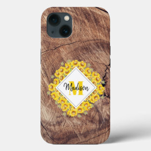 Rustic Sunflowers & Wood Texture Monogram  iPhone 13 Case