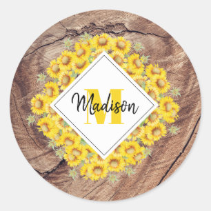 Rustic Sunflowers & Wood Texture Monogram Classic Round Sticker