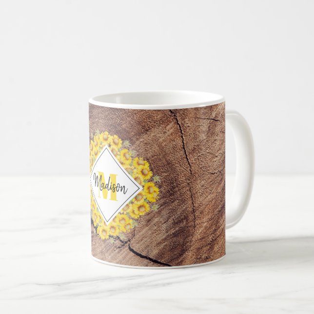Rustic Sunflowers & Wood Texture Monogram Coffee Mug (Front Right)