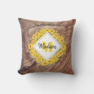 Rustic Sunflowers & Wood Texture Monogram  Cushion
