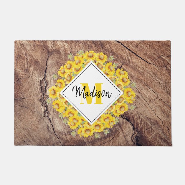 Rustic Sunflowers & Wood Texture Monogram  Doormat (Front)