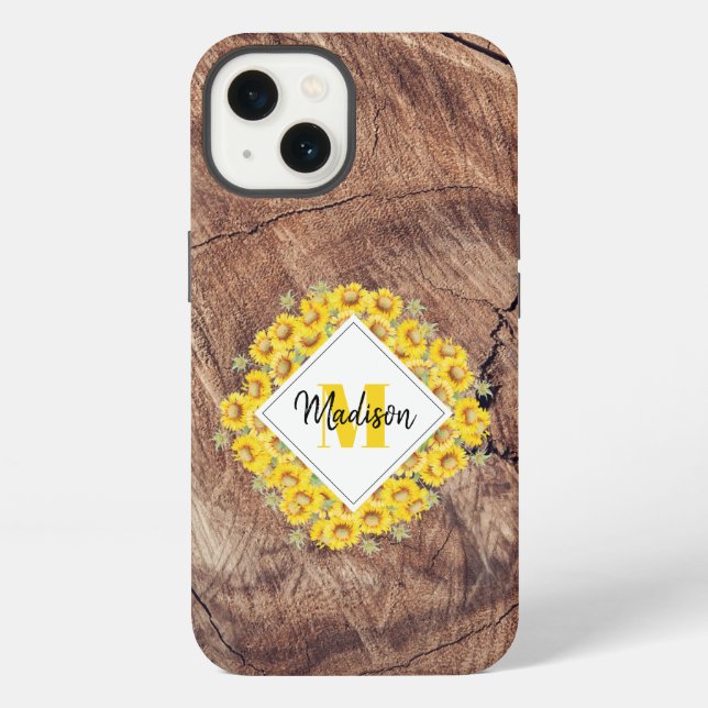 Rustic Sunflowers & Wood Texture Monogram  iPhone Case (Back)
