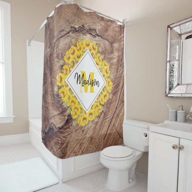 Rustic Sunflowers & Wood Texture Monogram  Shower Curtain (In Situ)