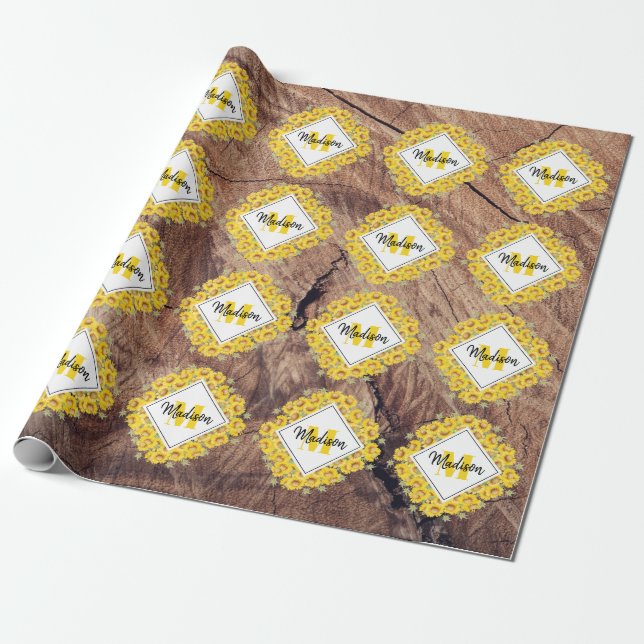 Rustic Sunflowers & Wood Texture Monogram Wrapping Paper (Unrolled)