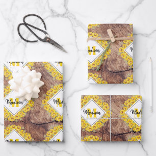 Rustic Sunflowers & Wood Texture Monogram  Wrapping Paper Sheet