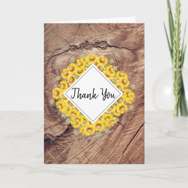 Rustic Sunflowers & Wood Texture Thank You Card (Front)