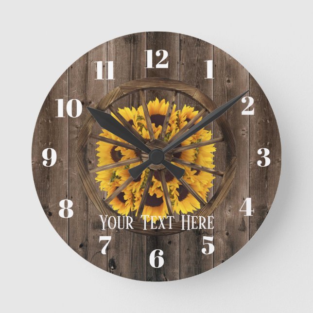 Rustic Sunflowers & Wood Wheel Country Round Clock (Front)