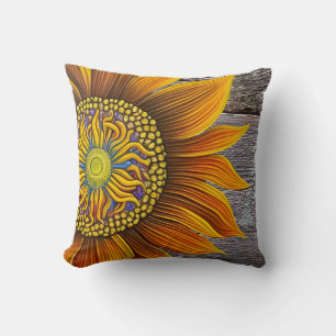 Rustic Sunny Sunflower on Barn Board Cushion