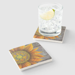 Rustic Sunny Sunflower on Barn Board Stone Coaster
