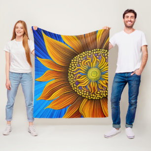 Rustic Sunny Sunflower on Blue Fleece Blanket