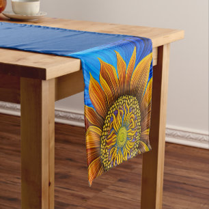 Rustic Sunny Sunflower on Blue Short Table Runner
