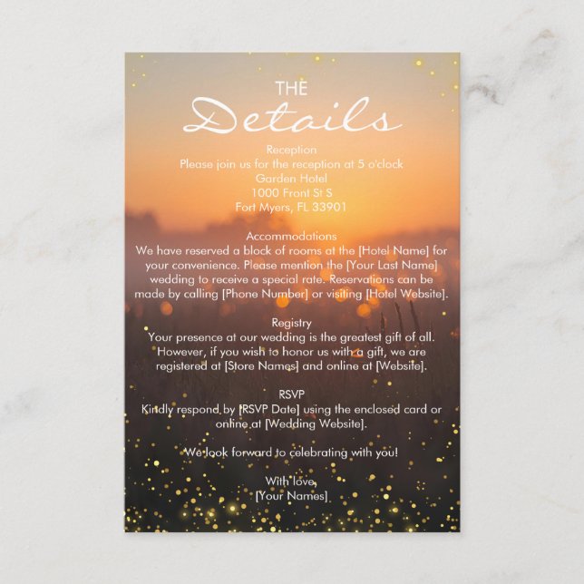 Rustic Sunset Nature Fireflies Wedding Details Enclosure Card (Front)