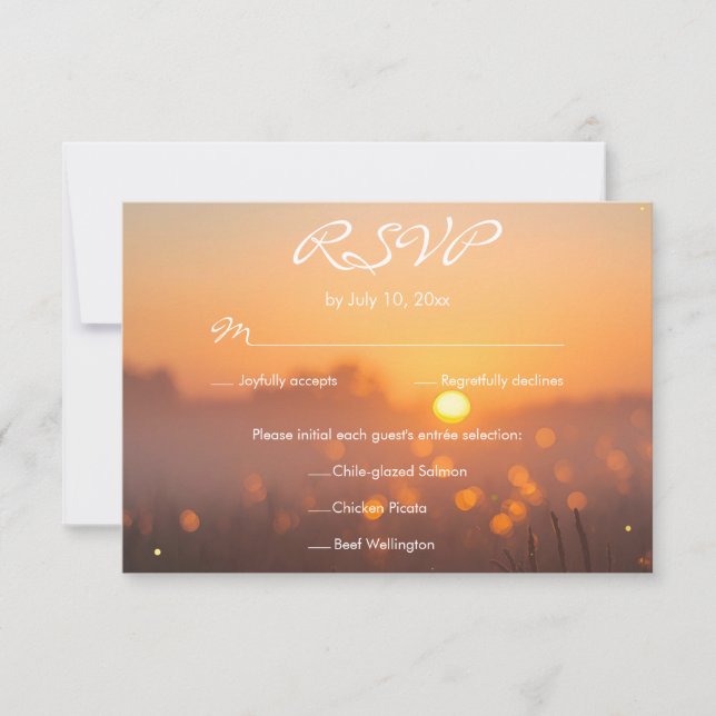 Rustic Sunset Nature Fireflies Wedding Meal Choice RSVP Card (Front)