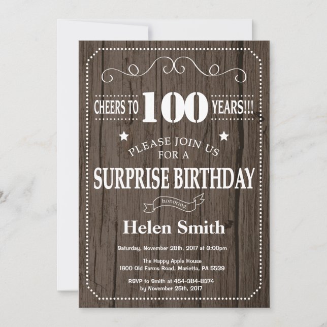 Rustic Surprise 100th Birthday Invitation (Front)