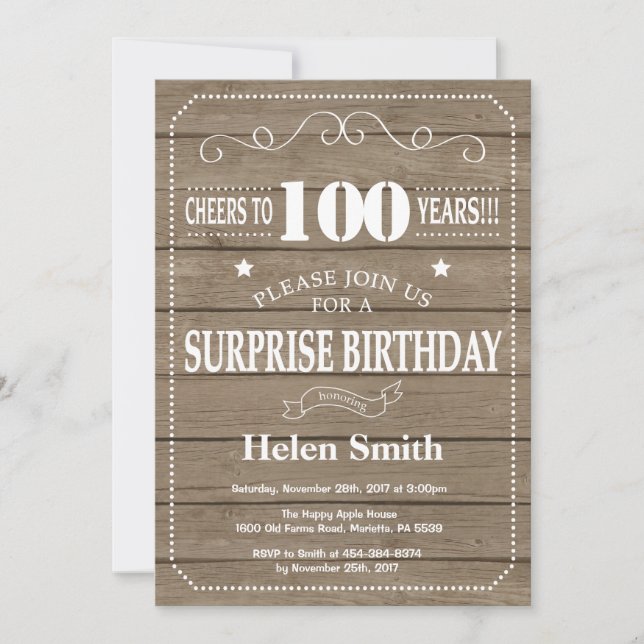 Rustic Surprise 100th Birthday Invitation (Front)
