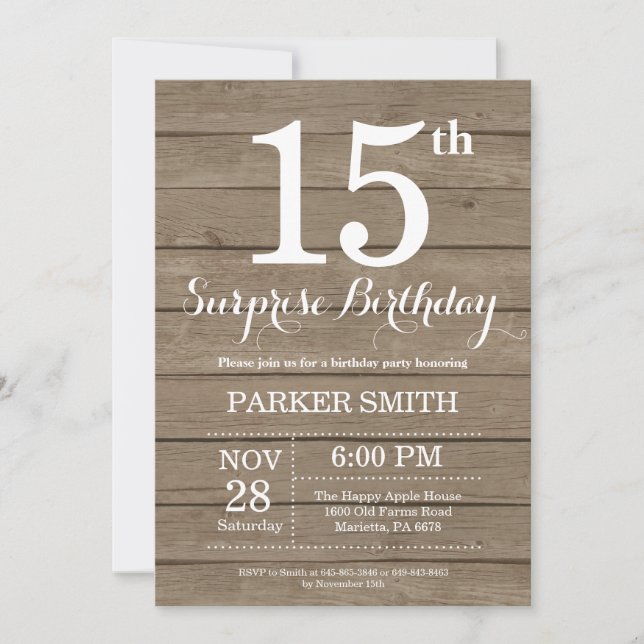 Rustic Surprise 15th Birthday Invitation (Front)