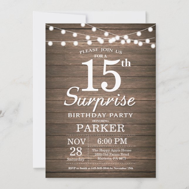 Rustic Surprise 15th Birthday Invitation Wood (Front)