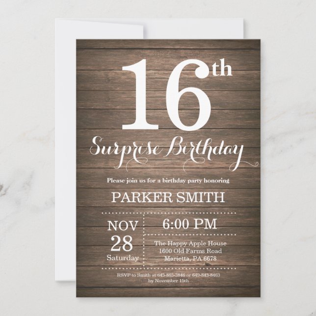 Rustic Surprise 16th Birthday Invitation (Front)