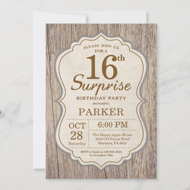 Rustic Surprise 16th Birthday Invitation Wood (Front)