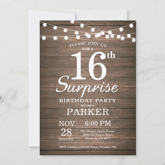 Rustic Surprise 16th Birthday Invitation Wood (Front)