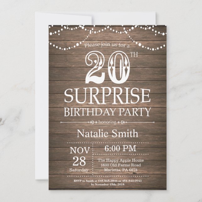 Rustic Surprise 20th Birthday Invitation (Front)