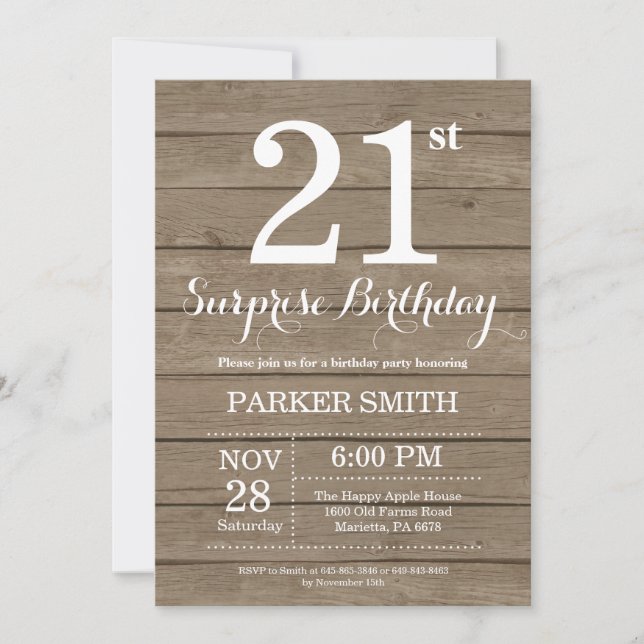 Rustic Surprise 21st Birthday Invitation (Front)