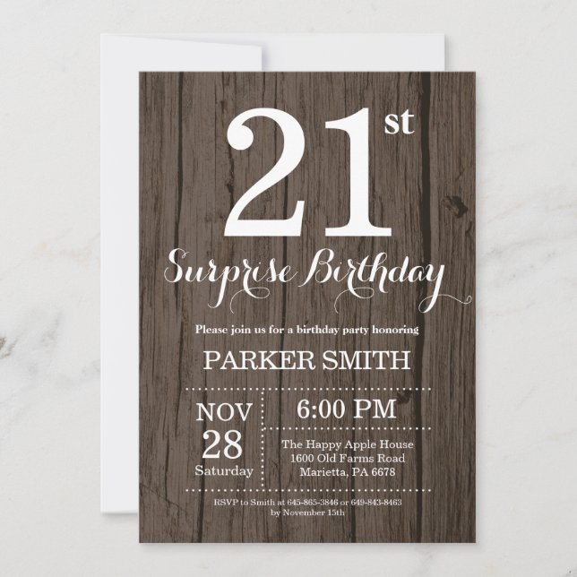 Rustic Surprise 21st Birthday Invitation (Front)