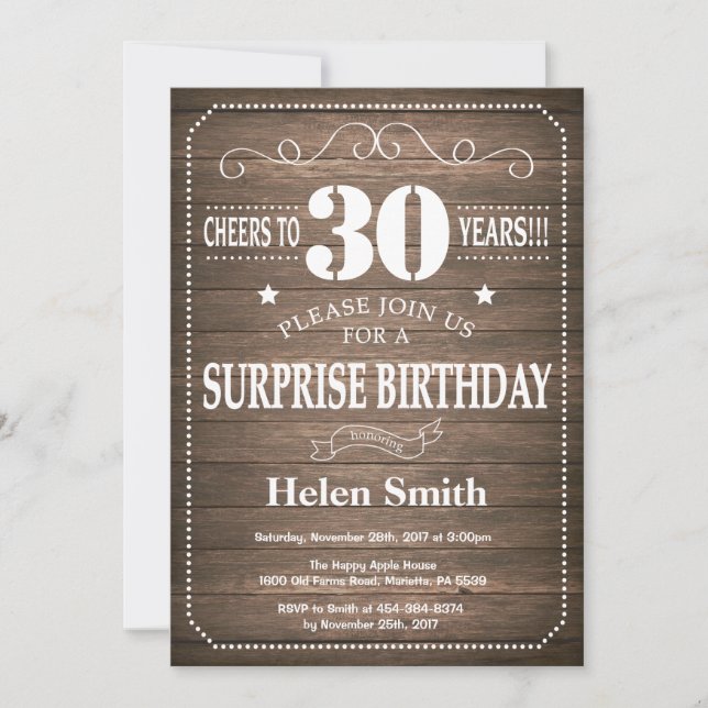 Rustic Surprise 30th Birthday Invitation (Front)