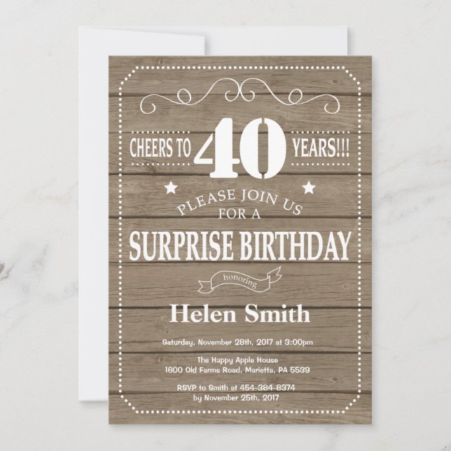 Rustic Surprise 40th Birthday Invitation (Front)