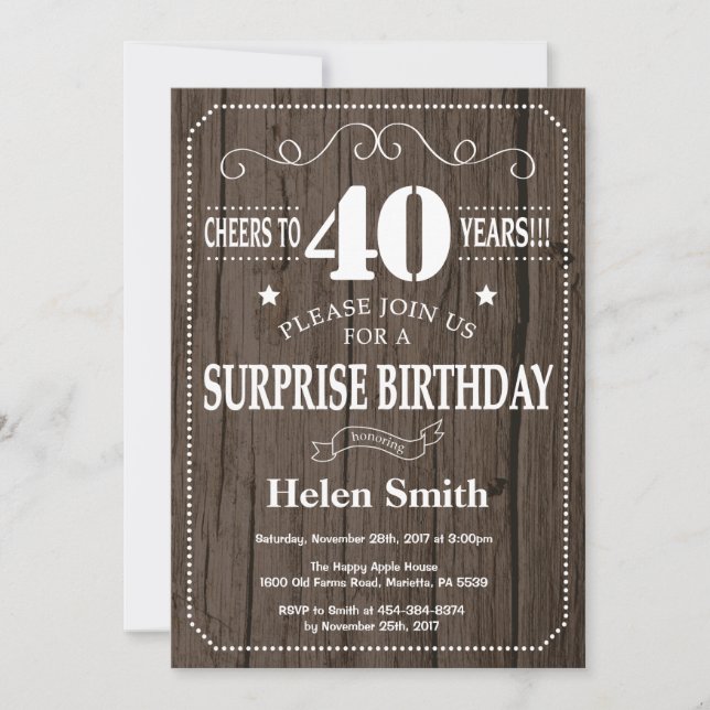 Rustic Surprise 40th Birthday Invitation (Front)
