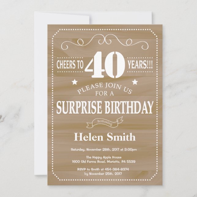 Rustic Surprise 40th Birthday Invitation (Front)