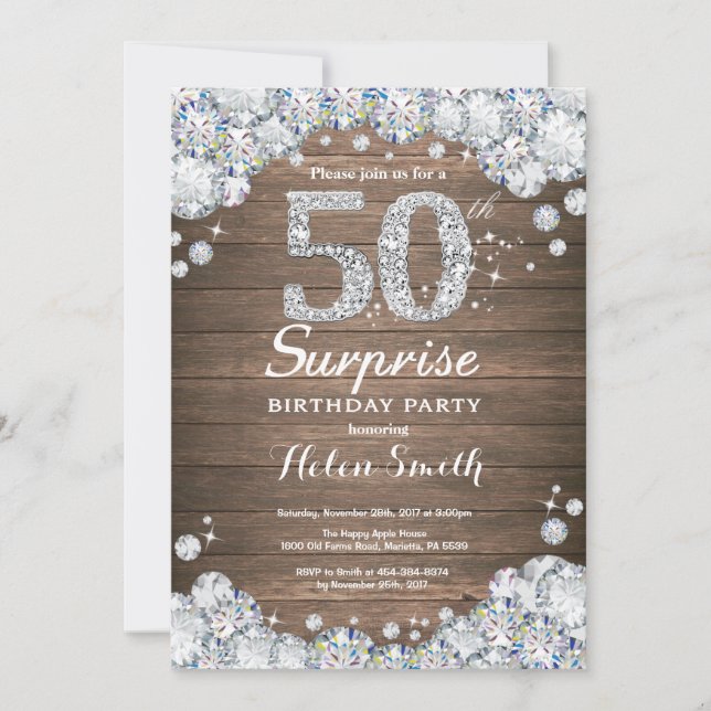 Rustic Surprise 50th Birthday Silver Diamond Invitation (Front)