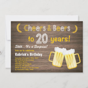Rustic Surprise Cheers and Beers 20th Birthday Invitation