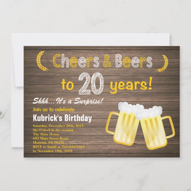 Rustic Surprise Cheers and Beers 20th Birthday Invitation (Front)