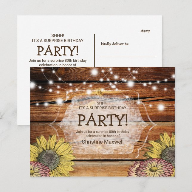 Rustic Surprise Sunflower 80th Birthday Postcard (Front/Back)