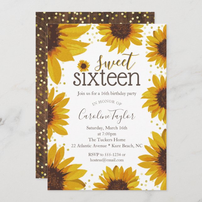 Rustic Sweet 16 Birthday Sunflowers Invitation (Front/Back)