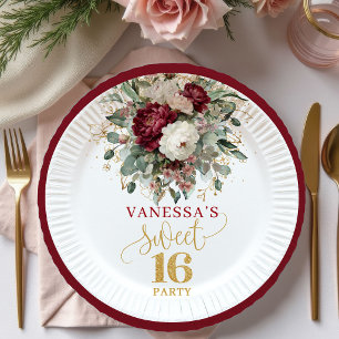 Rustic Sweet 16 Blush Burgundy Eucalyptus Plates