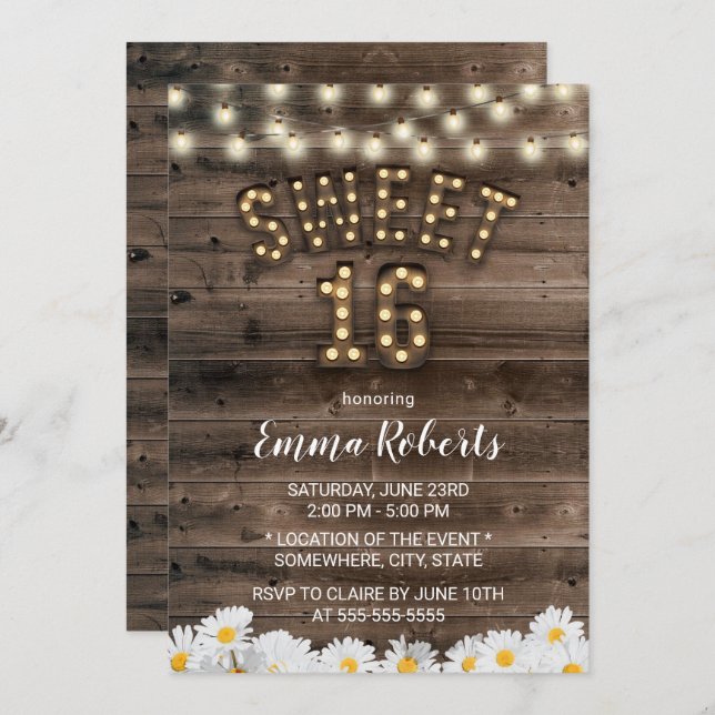 Rustic Sweet 16 Daisy Flowers Barn Wood Invitation (Front/Back)