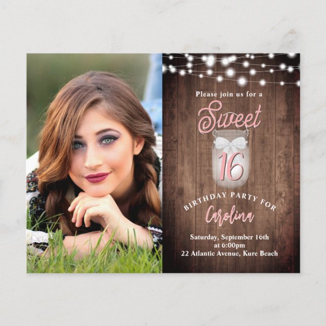 Rustic Sweet 16 Mason Jar Lights Birthday Invite (Front)