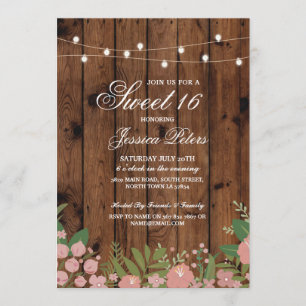 Rustic Sweet 16 Party Coral Floral Wood Invite