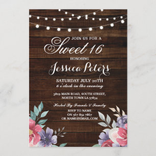 Rustic Sweet 16 Party Floral Pink Flower Invite