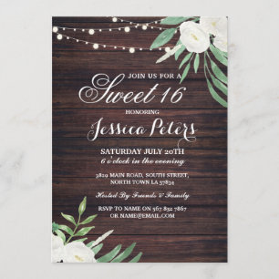 Rustic Sweet 16 Party Floral White Flower Invite