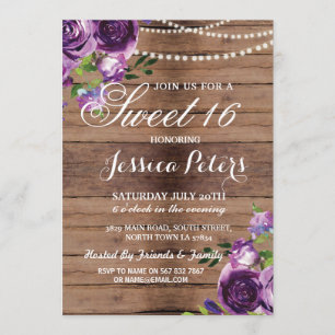 Rustic Sweet 16 Party Floral Wood Purple Invite