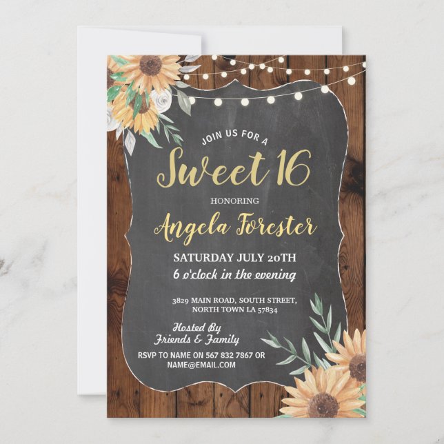 Rustic Sweet 16 Party Wood Floral Lights Sunflower Invitation (Front)