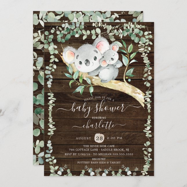 Rustic Sweet Koala Bear Baby Shower Invitation (Front/Back)