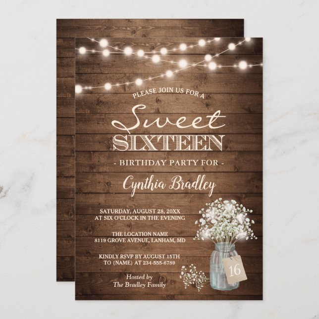 Rustic Sweet Sixteen Baby's Breath String Lights Invitation (Front/Back)