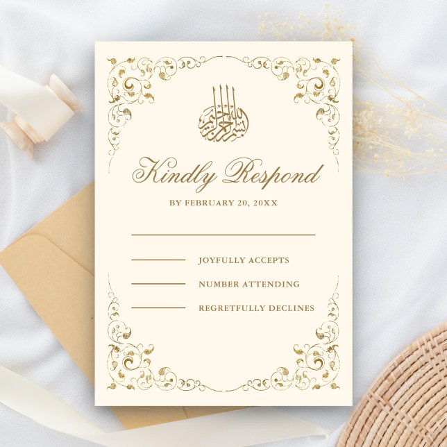 Rustic Swirl Frame Cream and Gold Muslim Wedding RSVP Card (Creator Uploaded)